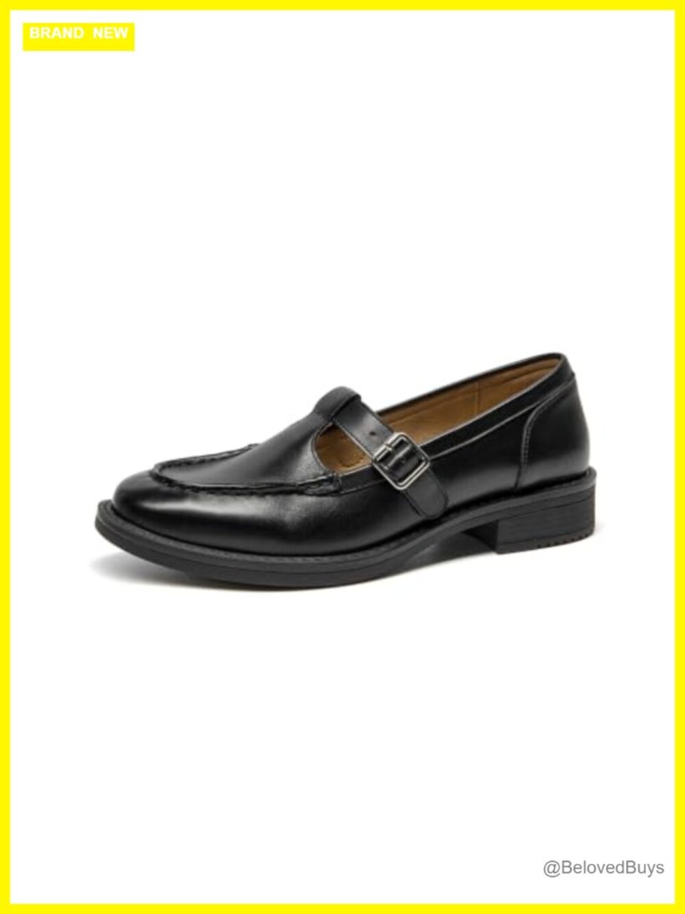 T-Strap Loafers Calfskin Leather Block Heel Buckle Women's Dress Shoes